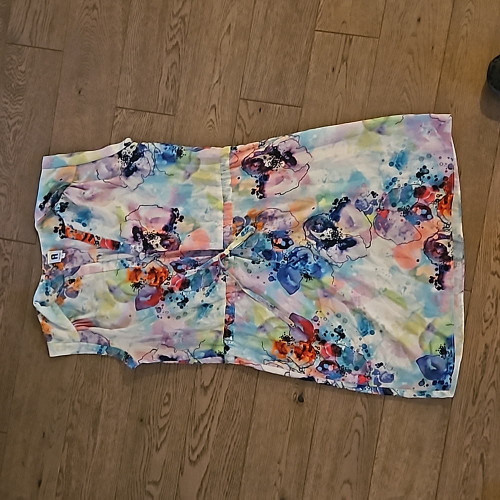 Abstract multi color sleeveless cinch waist dress S